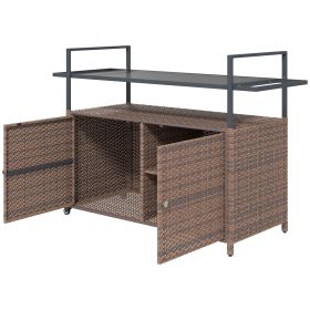Outsunny 2-Tier Shelf PE Rattan Outdoor Bar Table, Glass Top Outdoor Serving Cart with Cabinet, Mixed Brown