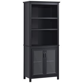 HOMCOM 71" Tall Bookcase Hutch Cabinet with Adjustable Shelves Glass Doors for Office Kitchen Living Room Storage Black