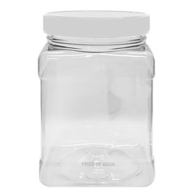 Pride of India | Clear Food Grade PET Plastic Square Grip Storage Jar w/ Cap | 6 Jar Pack - 64 Fluid Ounces 7-8 Cup Storage Capacity | Airtight S