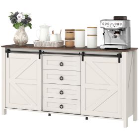 HOMCOM 60" Buffet Cabinet, Farmhouse Sideboard with Sliding Barn Doors, Drawers and Adjustable Shelves, Distressed Cream White