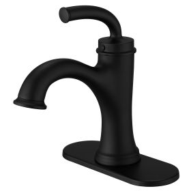 Single Handle Bathroom Faucet For One Hole with 3 Holes Deck Plate and Metal Drain In Matte Black (Color: Matte Black)