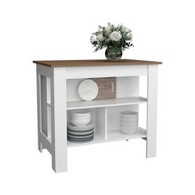 Delos Kitchen Island, kitchen table 35" H, Four Legs, Three Open Storage Shelves (Color: White / Mahogany)