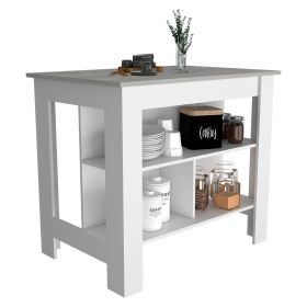 Delos Kitchen Island, kitchen table 35" H, Four Legs, Three Open Storage Shelves (Color: White / Ibiza Marble)