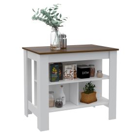Delos Kitchen Island, kitchen table 35" H, Four Legs, Three Open Storage Shelves (Color: White / Caramel)