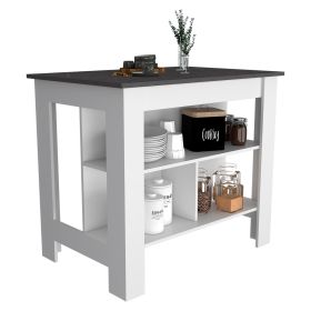 Delos Kitchen Island, kitchen table 35" H, Four Legs, Three Open Storage Shelves (Color: White / Onyx)
