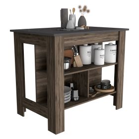 Delos Kitchen Island, kitchen table 35" H, Four Legs, Three Open Storage Shelves (Color: Dark Brown / Onyx)