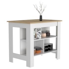 Delos Kitchen Island, kitchen table 35" H, Four Legs, Three Open Storage Shelves (Color: White / Light Oak)