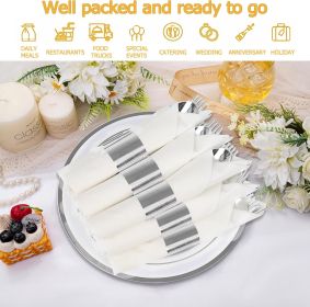 50 Pack Pre Rolled Rose Gold Plastic Silverware Set,Wrapped Plastic Cutlery Set with Napkin Include 50 Forks,50 Spoons (model: 50 packWhite+Silver)