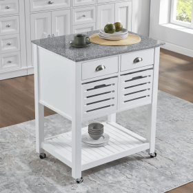 Mobile Rolling Kitchen Island Trolley Serving Cart with Underneath Drawer & Slide-Out Wire Storage Basket (Main Material: Wood, Main Color: White)