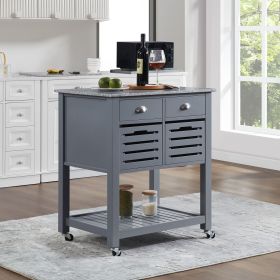 Mobile Rolling Kitchen Island Trolley Serving Cart with Underneath Drawer & Slide-Out Wire Storage Basket (Main Material: Wood, Main Color: Grey)